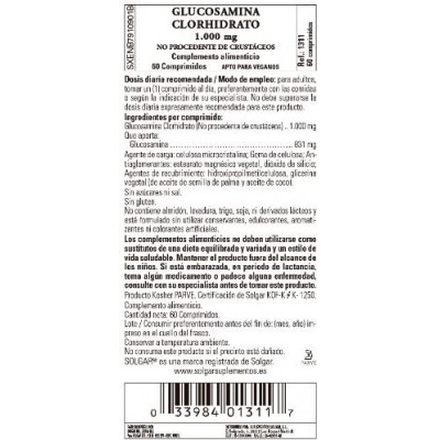 Comprar SOLGAR GLUCOSAMINA CLORHIDRATO 1000MG (LIBRE DE CRUSTACEOS) 60 COMPRIMIDOS al mejor precio en NuestraFarma, tu farmacia online