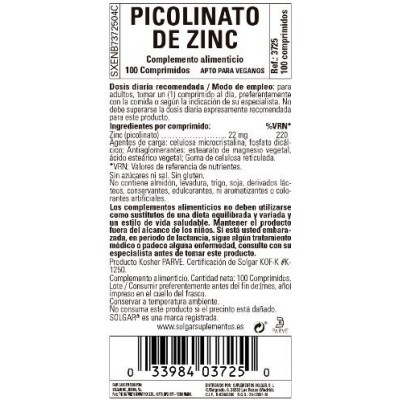 Comprar SOLGAR PICOLINATO DE ZINC 22 MG 100 COMPRIMIDOS al mejor precio en NuestraFarma, tu farmacia online