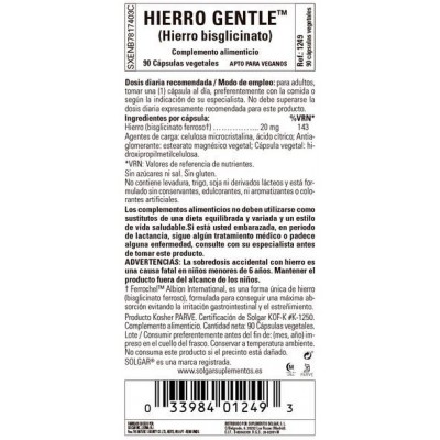 Comprar SOLGAR HIERRO GENTLE (HIERRO BISGLICINATO) 20MG 90 CAPSULAS VEGETALES al mejor precio en NuestraFarma, tu farmacia online