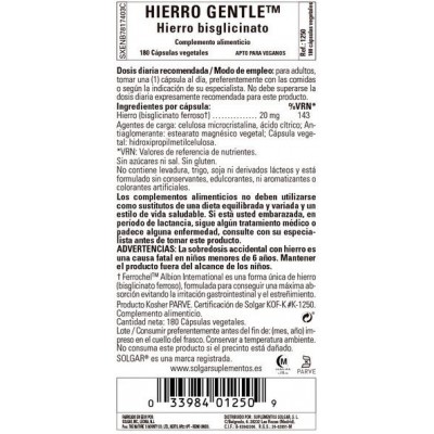 Comprar SOLGAR HIERRO GENTLE (HIERRO BISGLICINATO) 20 MG 180 CAPSULAS VEGETALES al mejor precio en NuestraFarma, tu farmacia online