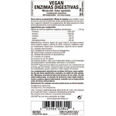 Comprar SOLGAR VEGAN ENZIMAS DIGESTIVAS 250 COMPRIMIDOS MASTICABLES al mejor precio en NuestraFarma, tu farmacia online