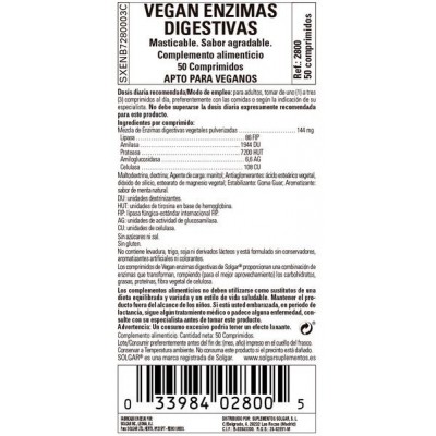 Comprar SOLGAR VEGAN ENZIMAS DIGESTIVAS 50 COMPRIMIDOS MASTICABLES al mejor precio en NuestraFarma, tu farmacia online