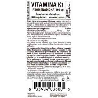 Comprar SOLGAR VITAMINA K1 100MCG 100 COMPRIMIDOS al mejor precio en NuestraFarma, tu farmacia online