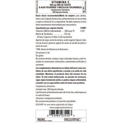 Comprar SOLGAR VITAMINA E 400UI (268MG) 250 CAPSULAS BLANDAS al mejor precio en NuestraFarma, tu farmacia online