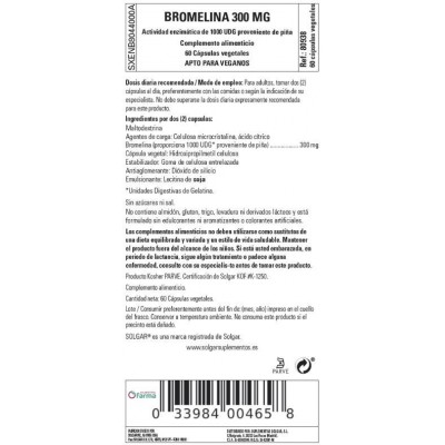 Comprar SOLGAR BROMELINA 300MG 60 CAPSULAS VEGETALES al mejor precio en NuestraFarma, tu farmacia online